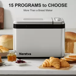 Neretva Bread Maker Machine, 15-in-1 3.3LB Automatic Breadmaker with Dual Kneading Paddles Digital