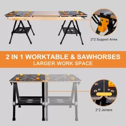 WORKESS Portable Workbench & Sawhorse, 1000Lbs Capacity Heavy Duty Folding Work Table, 23.6