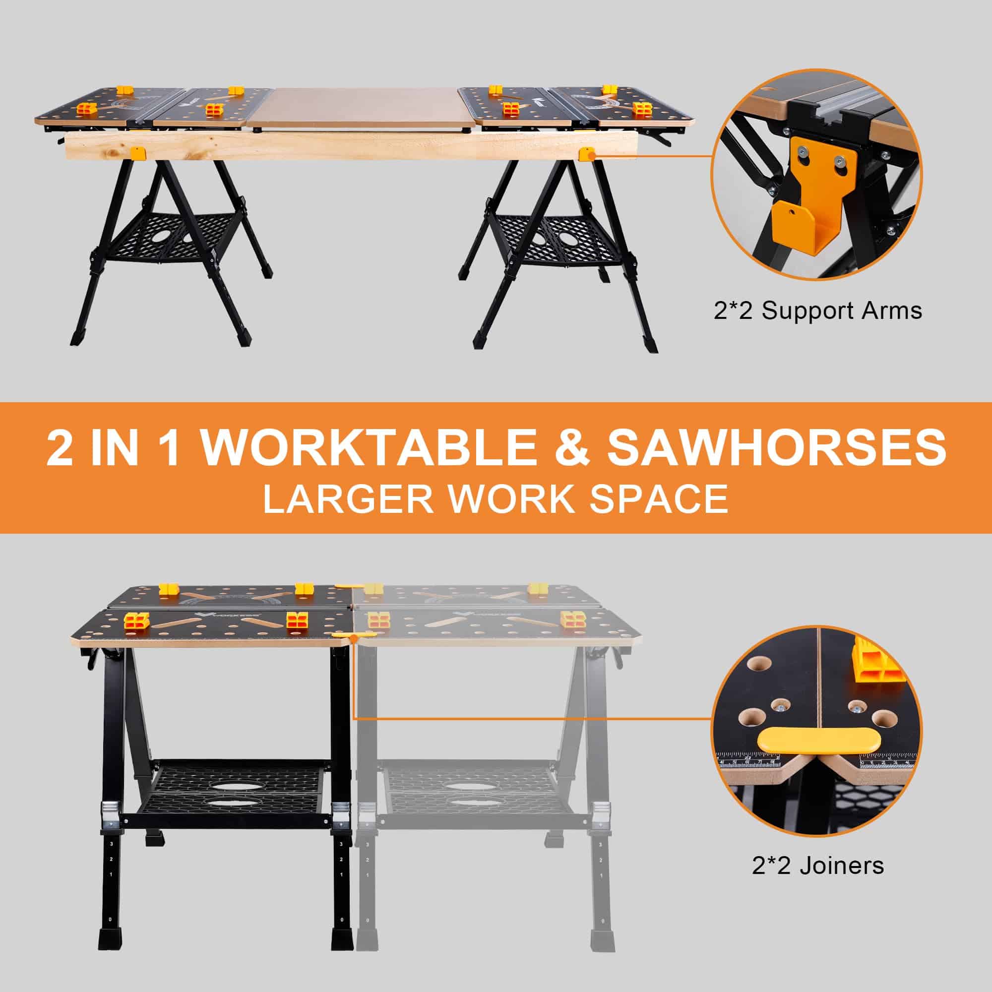 WORKESS Portable Workbench & Sawhorse, 1000Lbs Capacity Heavy Duty Folding Work Table, 23.6"-36" Adjustable Height