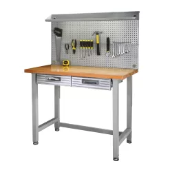 Seville Classics LED Lighted Pegboard Workcenter with 23 Peg Hook Assortment and Drawer Table, 48
