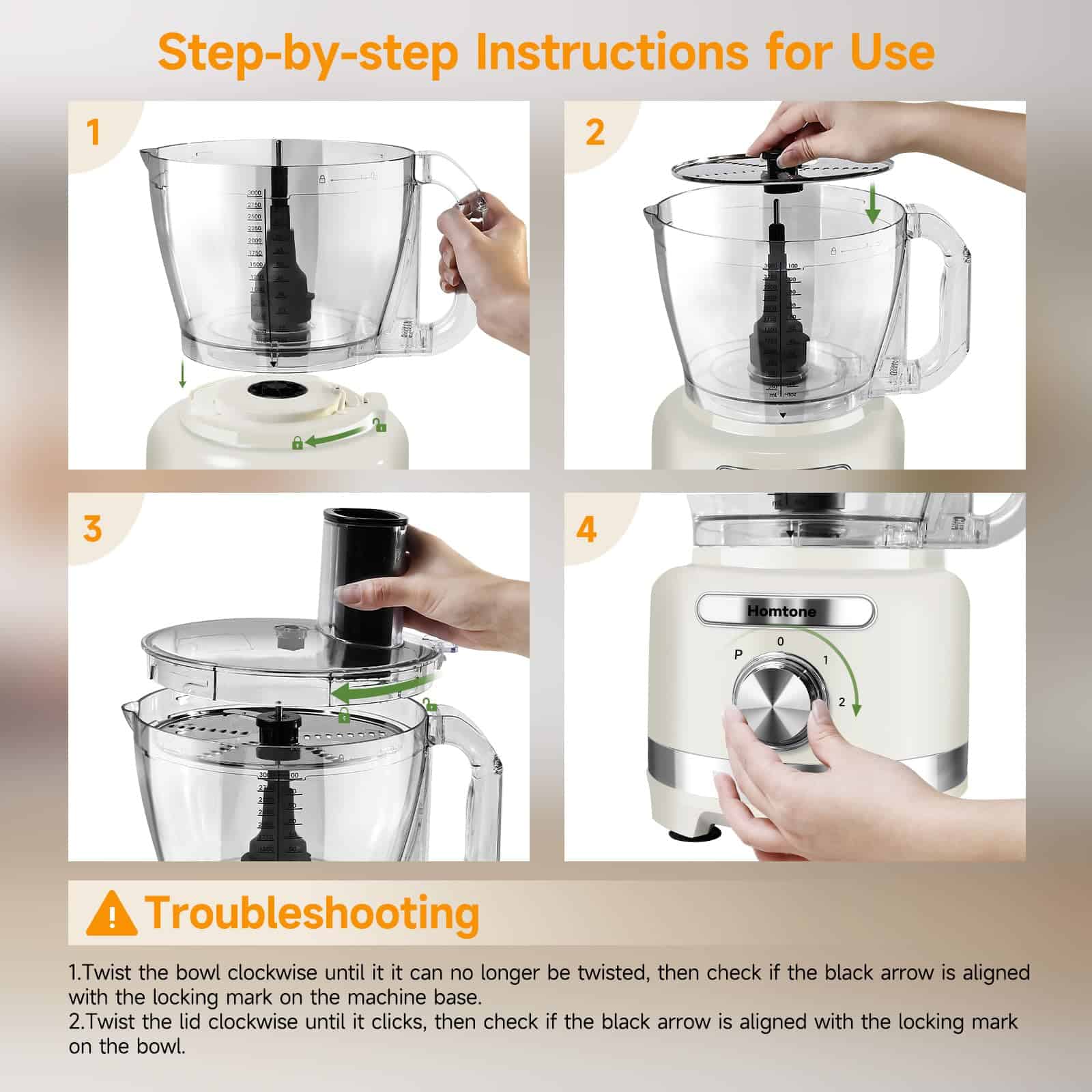 Homtone 16 Cup Food Processor, French-Fry-Cutter Food Processors, 9 Functions 7 Blades, 3 Speeds, 600W, Beige