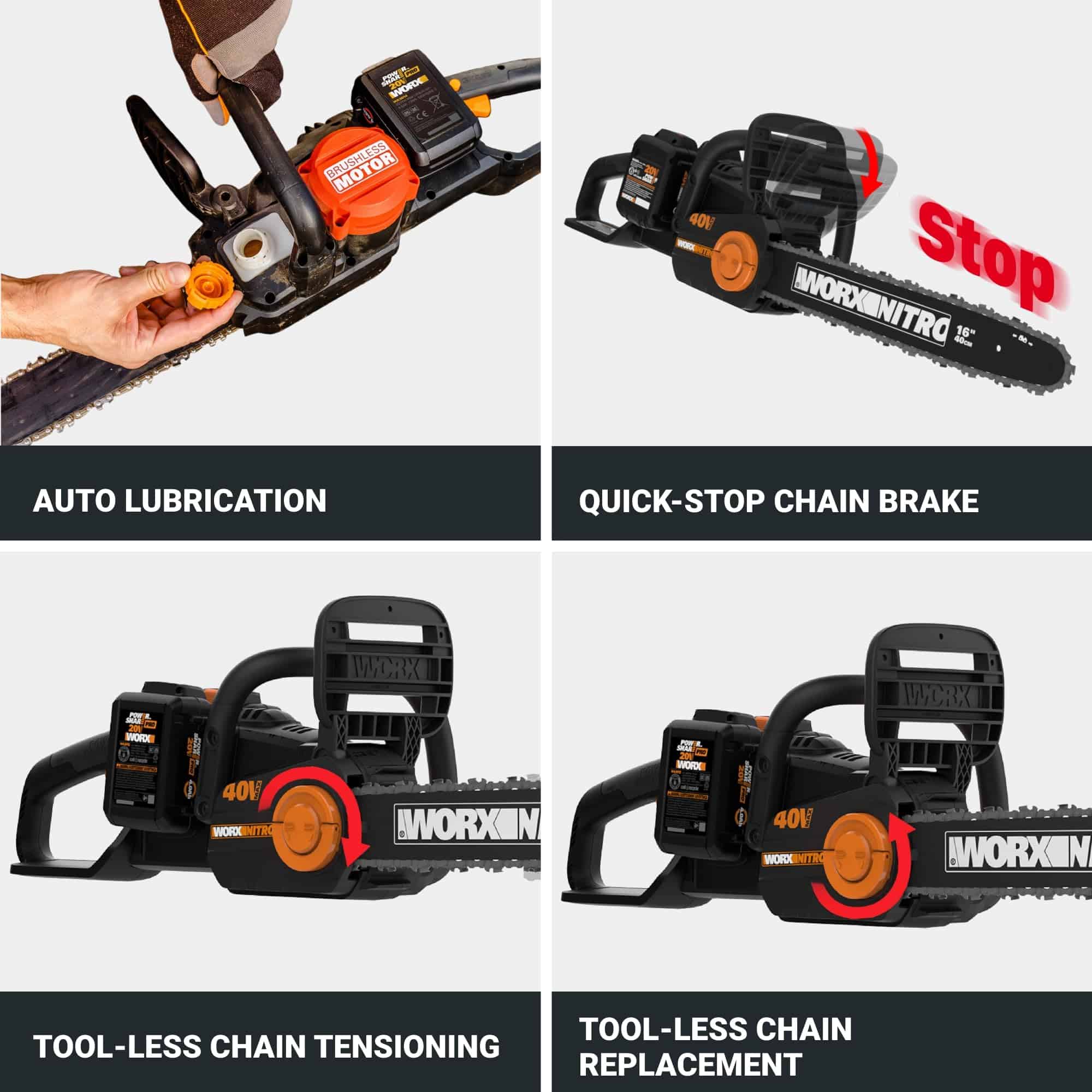 Worx Nitro 40V 16" Cordless Chainsaw WG385 Power Share Battery Chainsaw 59 ft/s Chain Speed Dual Safety Protection