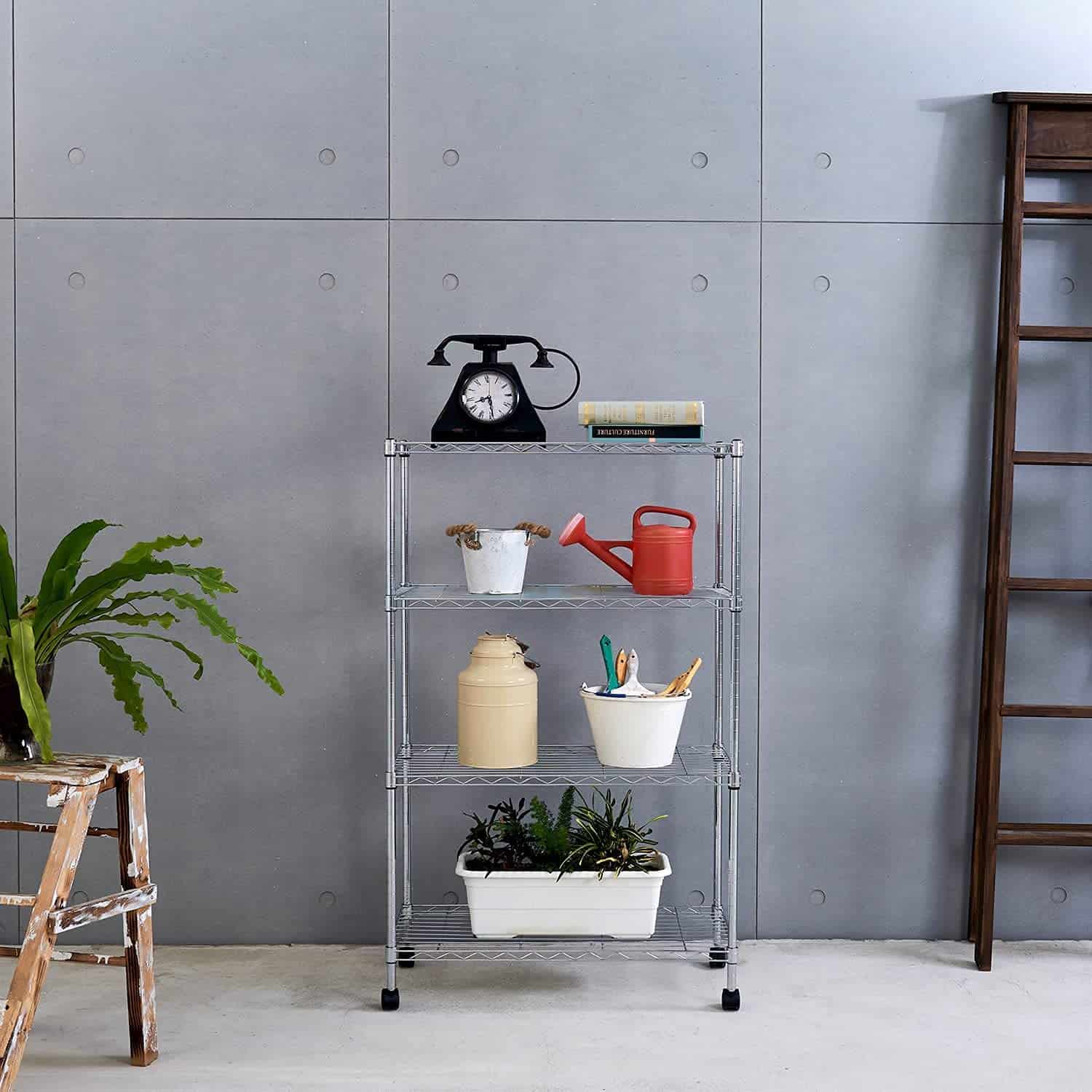 Displays By Jack 4 Tier Wire Shelving Unit Storage Rack, Metal Heavy Duty Utility Organizers, Chrome, 14"W x 30"L X 48"H