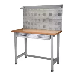 Seville Classics LED Lighted Pegboard Workcenter with 23 Peg Hook Assortment and Drawer Table, 48", Granite Gray
