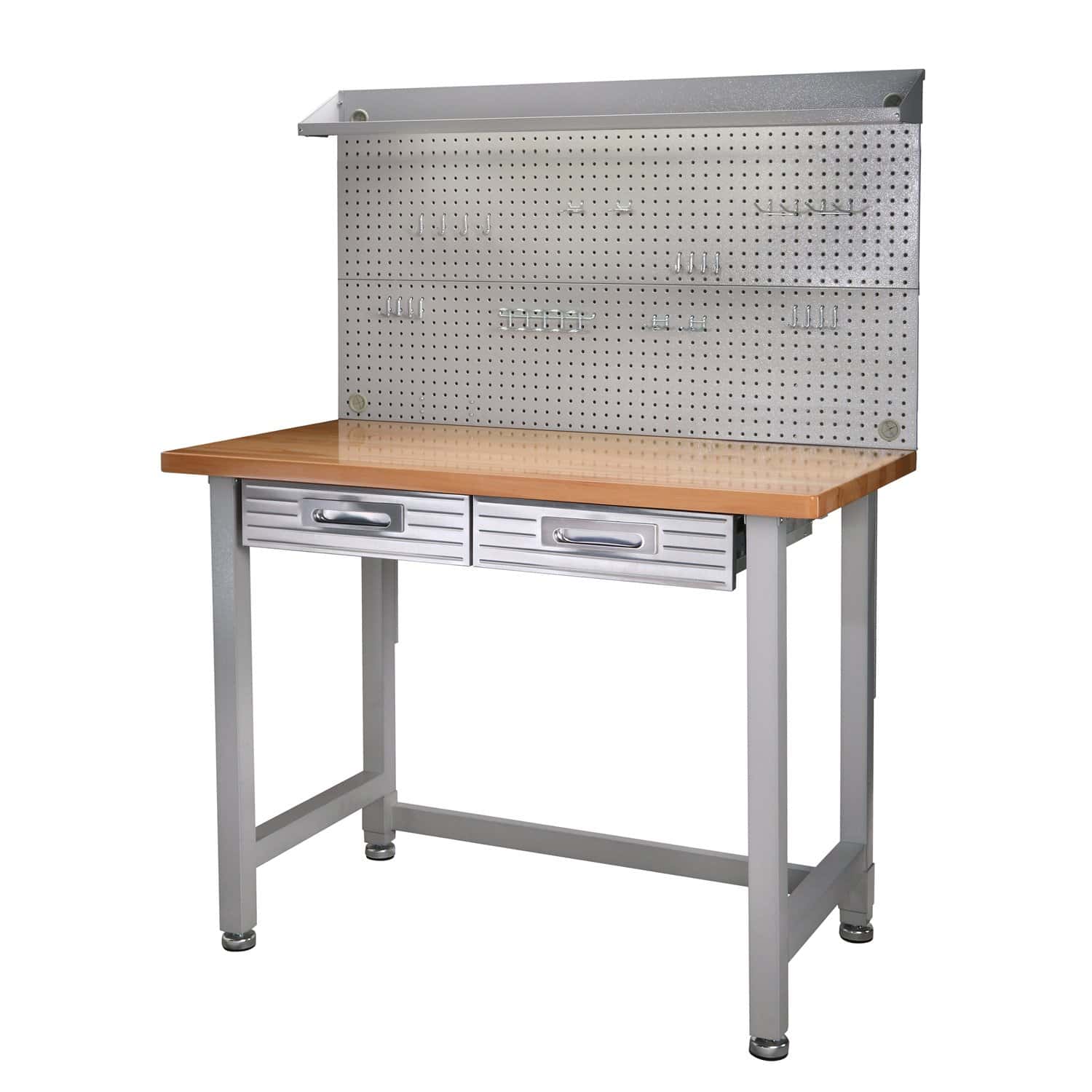 Seville Classics LED Lighted Pegboard Workcenter with 23 Peg Hook Assortment and Drawer Table, 48", Granite Gray