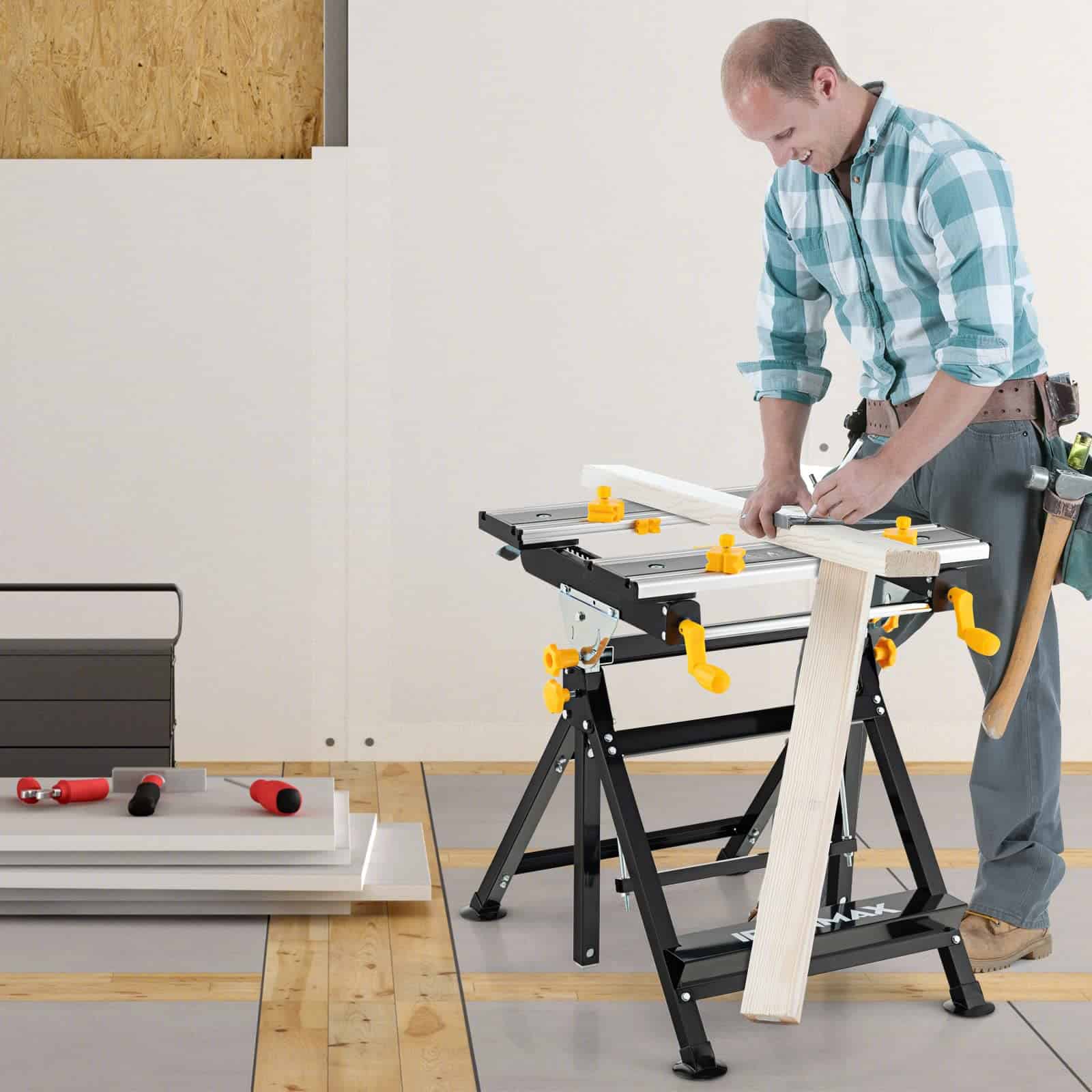 Goplus Portable Workbench, Folding Work Table w/Tiltable Platform, 7-Level Adjustable Height