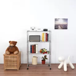 Displays By Jack 4 Tier Wire Shelving Unit Storage Rack, Metal Heavy Duty Utility Organizers, Chrome, 14
