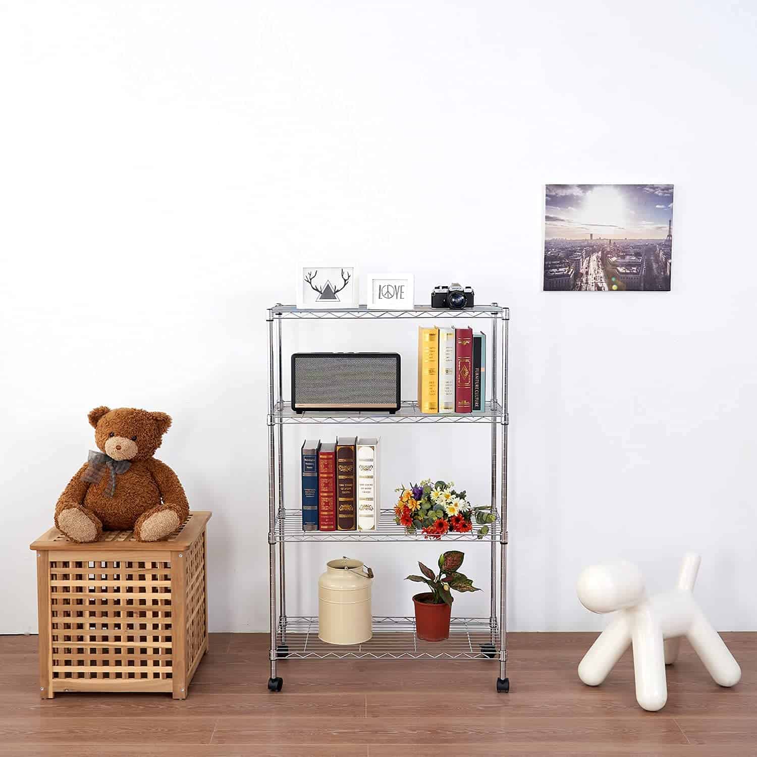 Displays By Jack 4 Tier Wire Shelving Unit Storage Rack, Metal Heavy Duty Utility Organizers, Chrome, 14"W x 30"L X 48"H