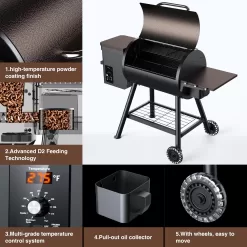 KingChii 456 SQ.IN Pellet Grill Smoker with Side Shelf, 8 IN 1 BBQ Grill with PID Temperature Control, Brown