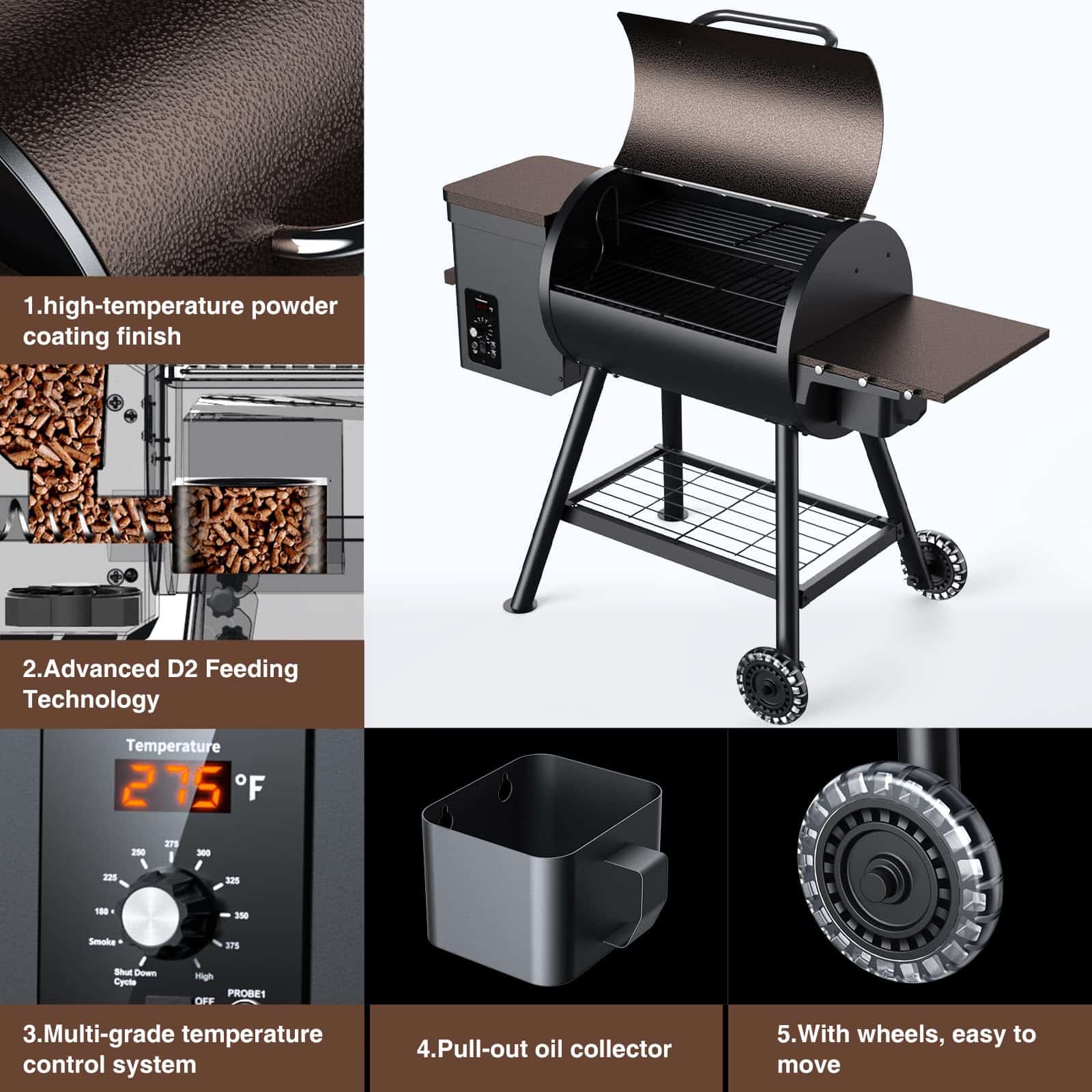 KingChii 456 SQ.IN Pellet Grill Smoker with Side Shelf, 8 IN 1 BBQ Grill with PID Temperature Control, Brown