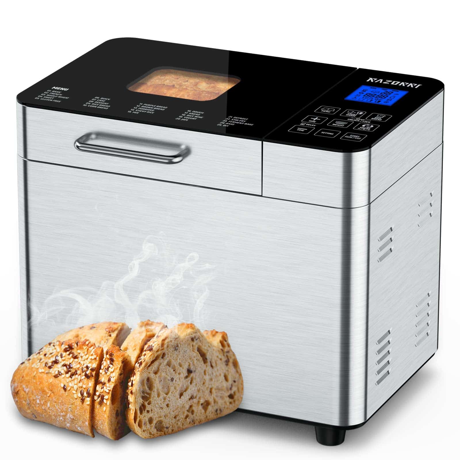 Razorri Bread Maker Machine Stainless Steel UL Certified, Nonstick Bread Pan, 3 Crust Colors and 3 Loaf Sizes