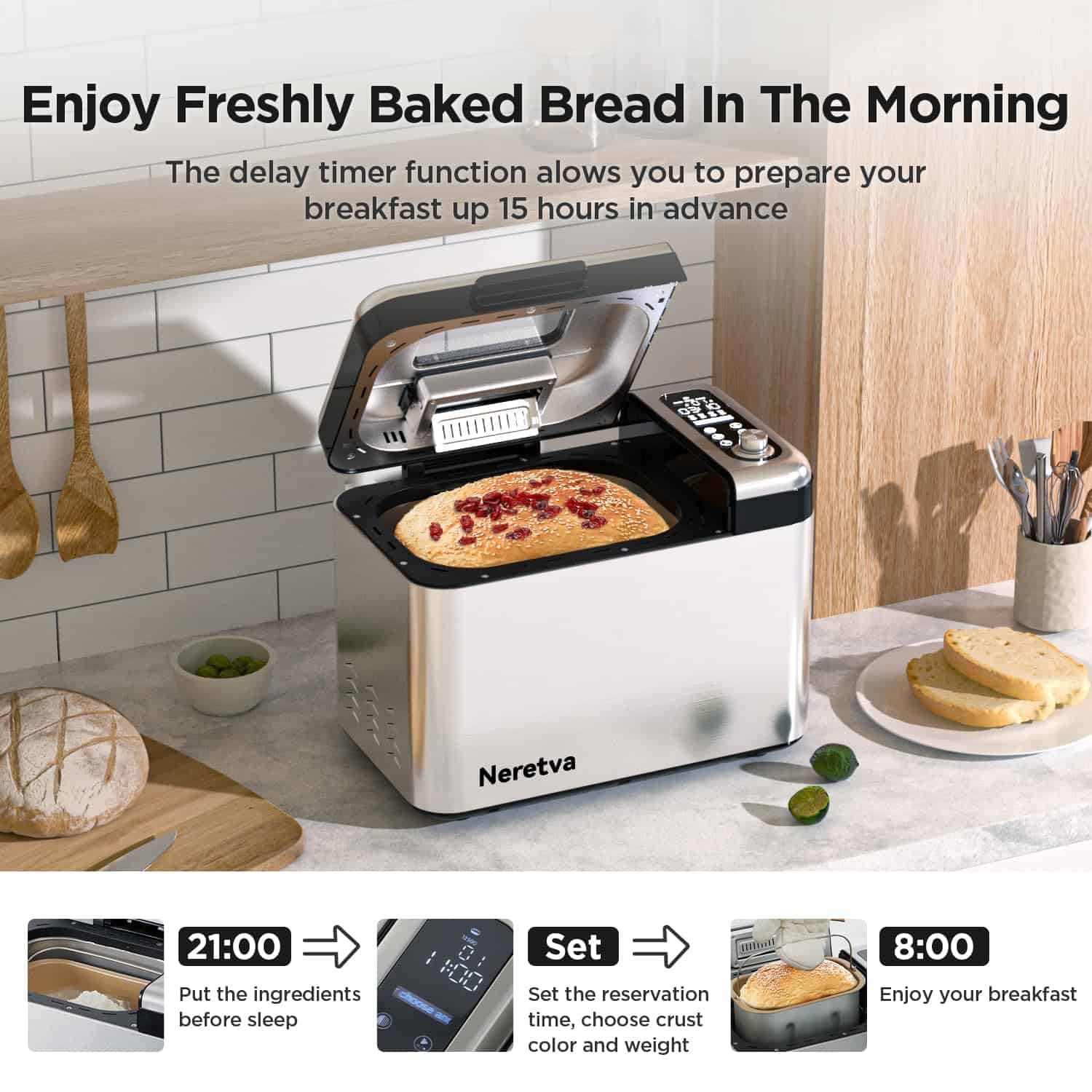 Neretva Bread Maker Machine, 15-in-1 3.3LB Automatic Breadmaker with Dual Kneading Paddles Digital