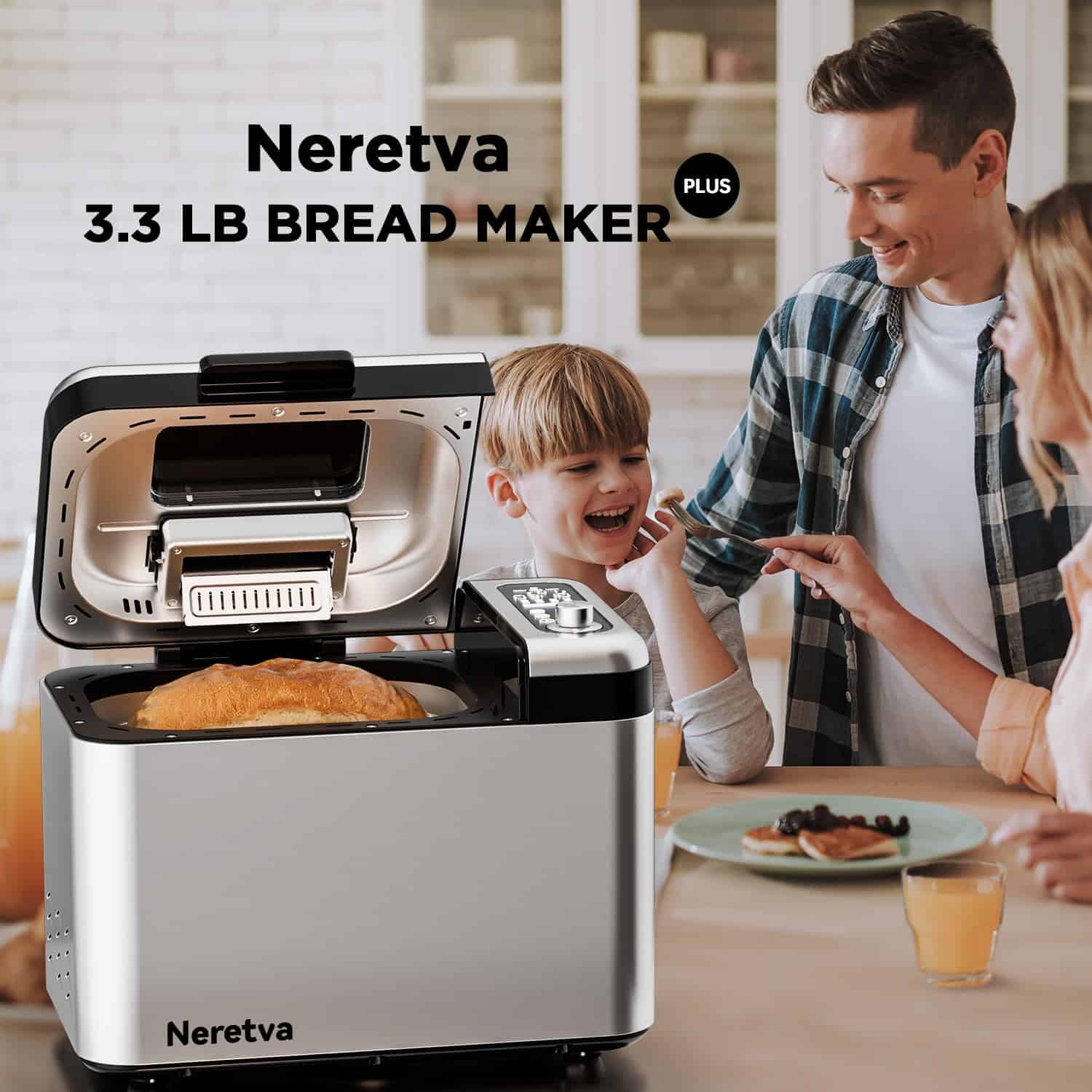 Neretva Bread Maker Machine, 15-in-1 3.3LB Automatic Breadmaker with Dual Kneading Paddles Digital