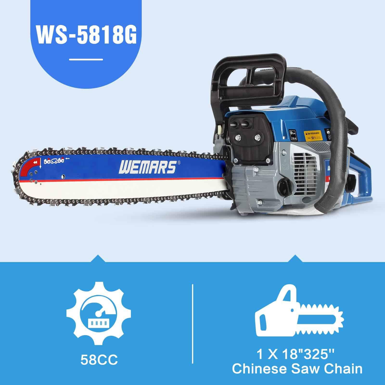 WEMARS 58cc Gas Chainsaw 18 Inch Power Chain Saw 2-Cycle Handed Petrol Chainsaws Gasoline Chain Saws Garden Tool