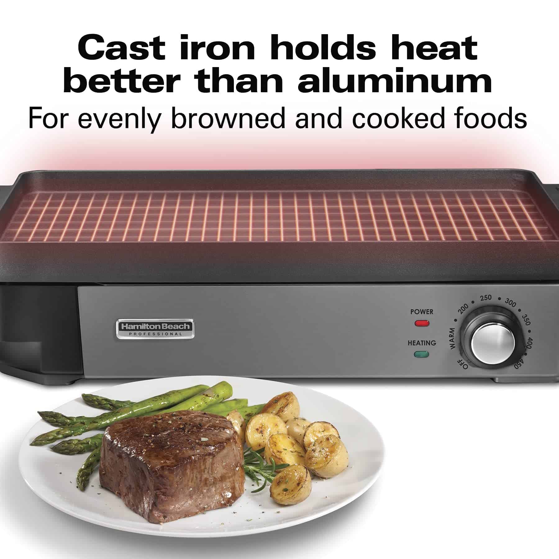 Cast Iron Indoor Electric Grill & Griddle, 10" x 16" Preseasoned Cooking Surface, Adjustable Temperature up to 450° F, Black (38560)