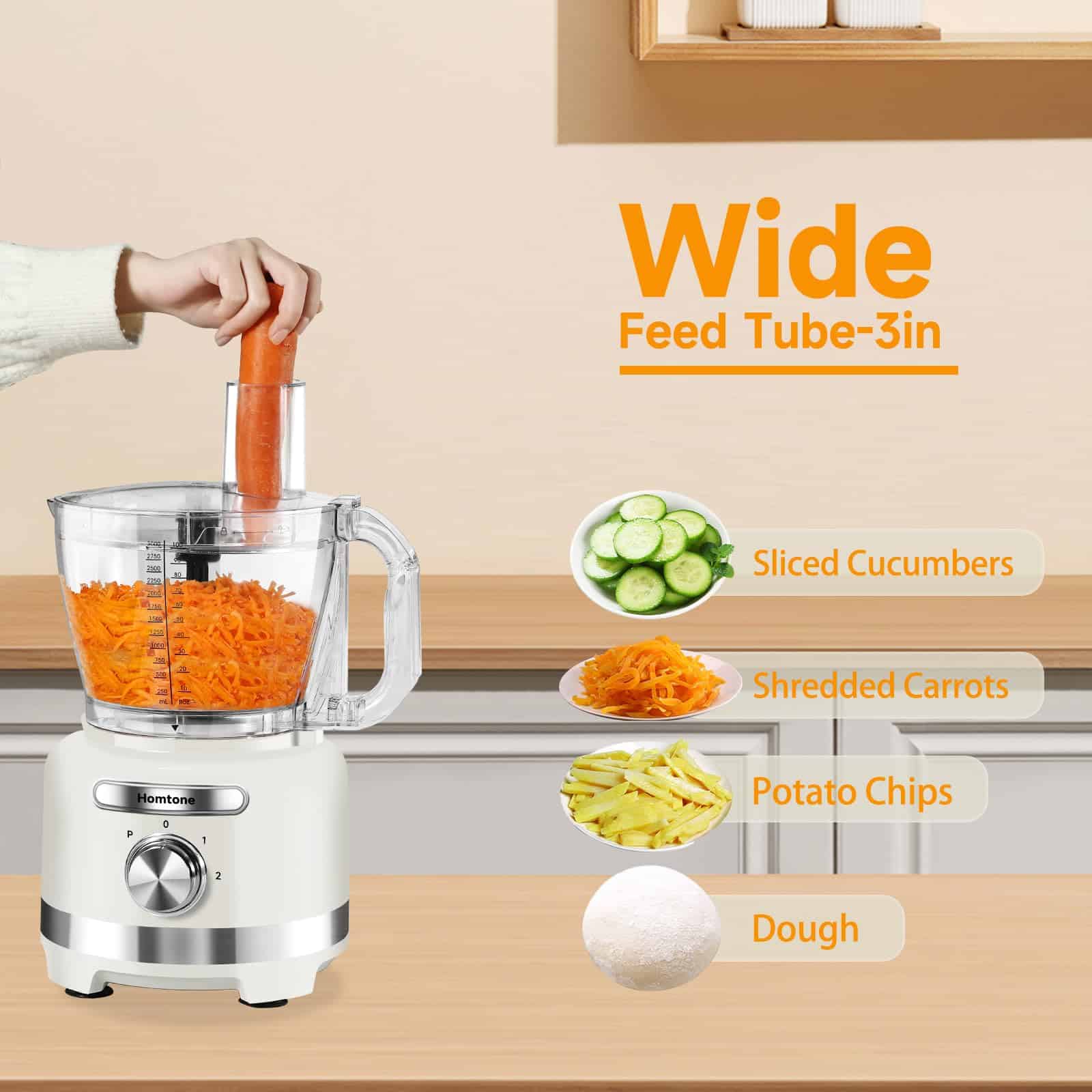 Homtone 16 Cup Food Processor, French-Fry-Cutter Food Processors, 9 Functions 7 Blades, 3 Speeds, 600W, Beige