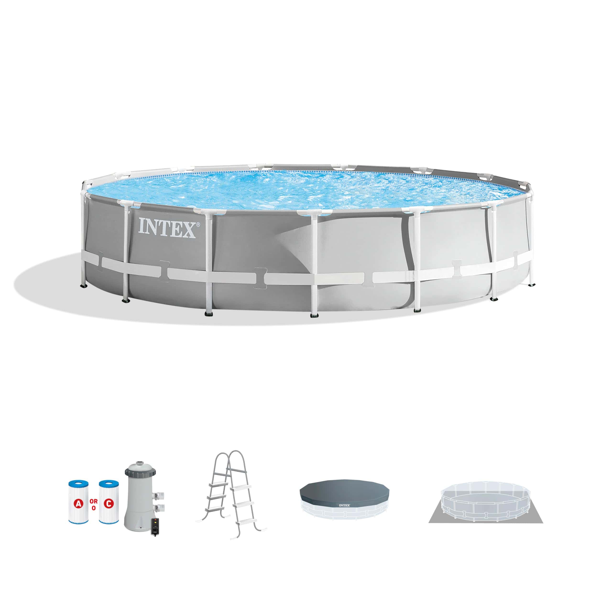 Intex 15 Foot x 42 Inch Prism Frame Above Ground Outdoor Backyard Swimming Pool Set, Gray