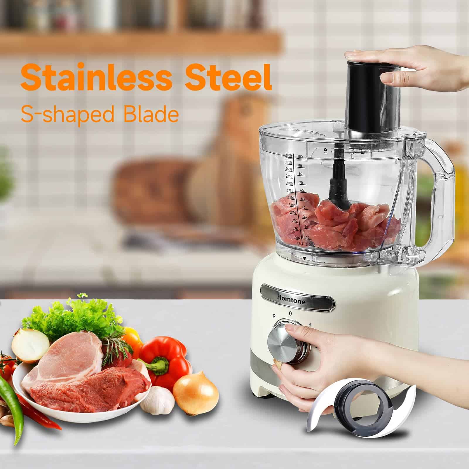 Homtone 16 Cup Food Processor, French-Fry-Cutter Food Processors, 9 Functions 7 Blades, 3 Speeds, 600W, Beige