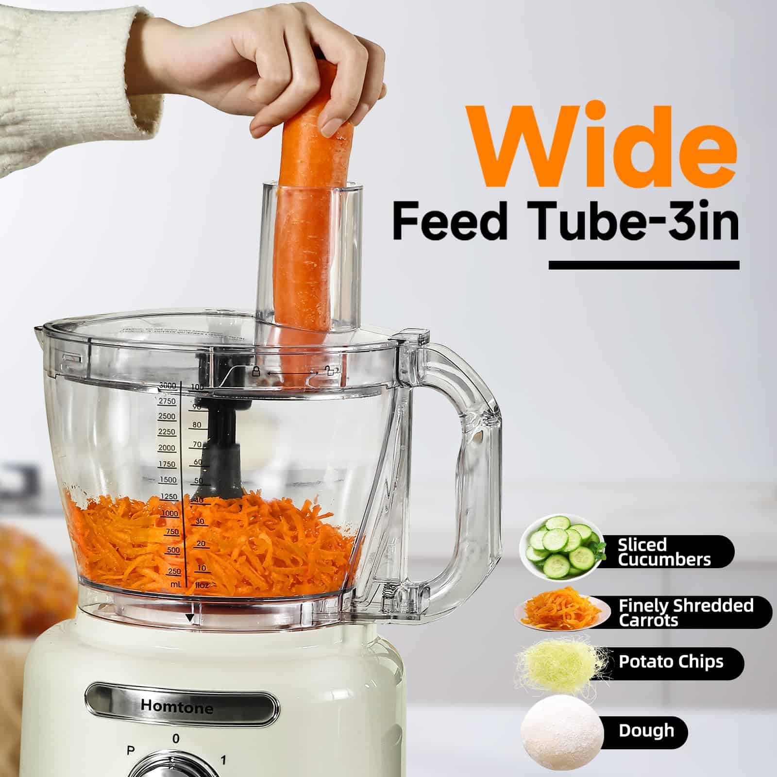 Homtone 16 Cup Food Processor, French-Fry-Cutter Food Processors, 9 Functions 7 Blades, 3 Speeds, 600W, Beige