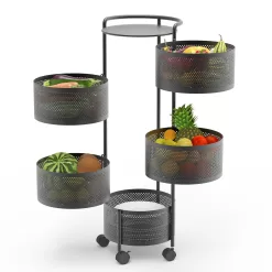 JAQ Rotating Fruit Basket, 5-Tier Metal Sturdy Kitchen Storage Rack Shelf Carts No Assembly on Rolling Wheels (5-Tier, Black)
