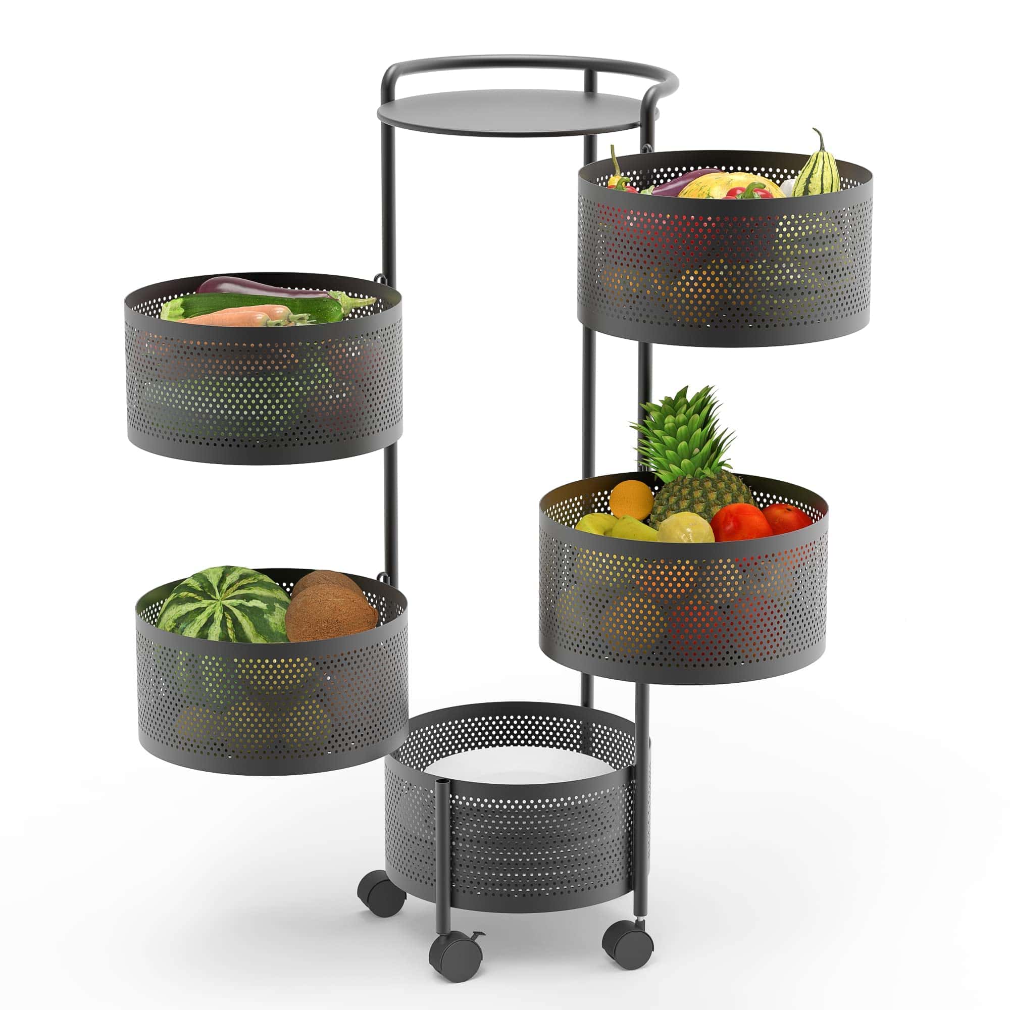 JAQ Rotating Fruit Basket, 5-Tier Metal Sturdy Kitchen Storage Rack Shelf Carts No Assembly on Rolling Wheels (5-Tier, Black)