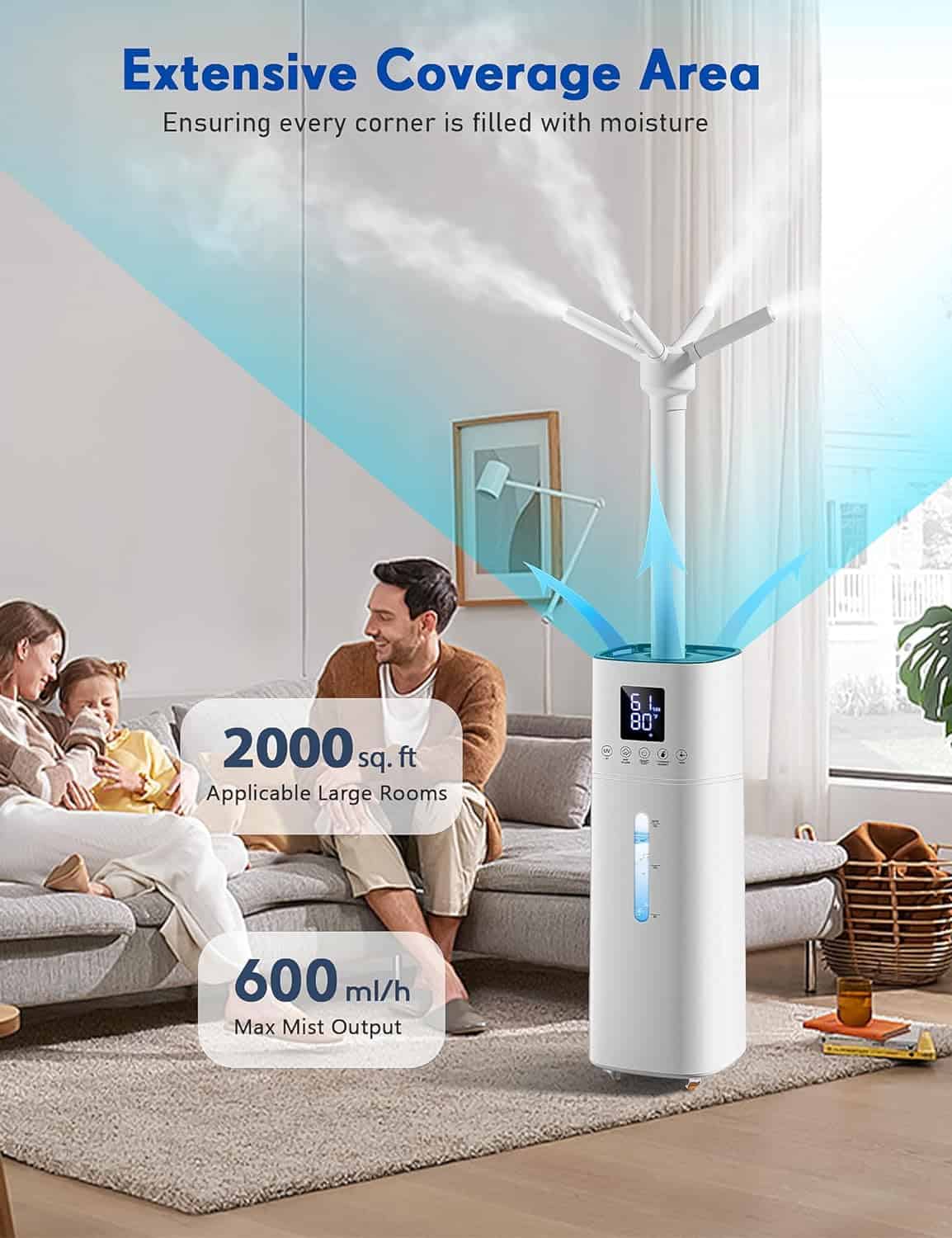 Honovos Humidifiers for Bedroom, 15L Wholehouse Humidifier for 2000 sq. ft, 600ml/h Cool Mist Humidifier