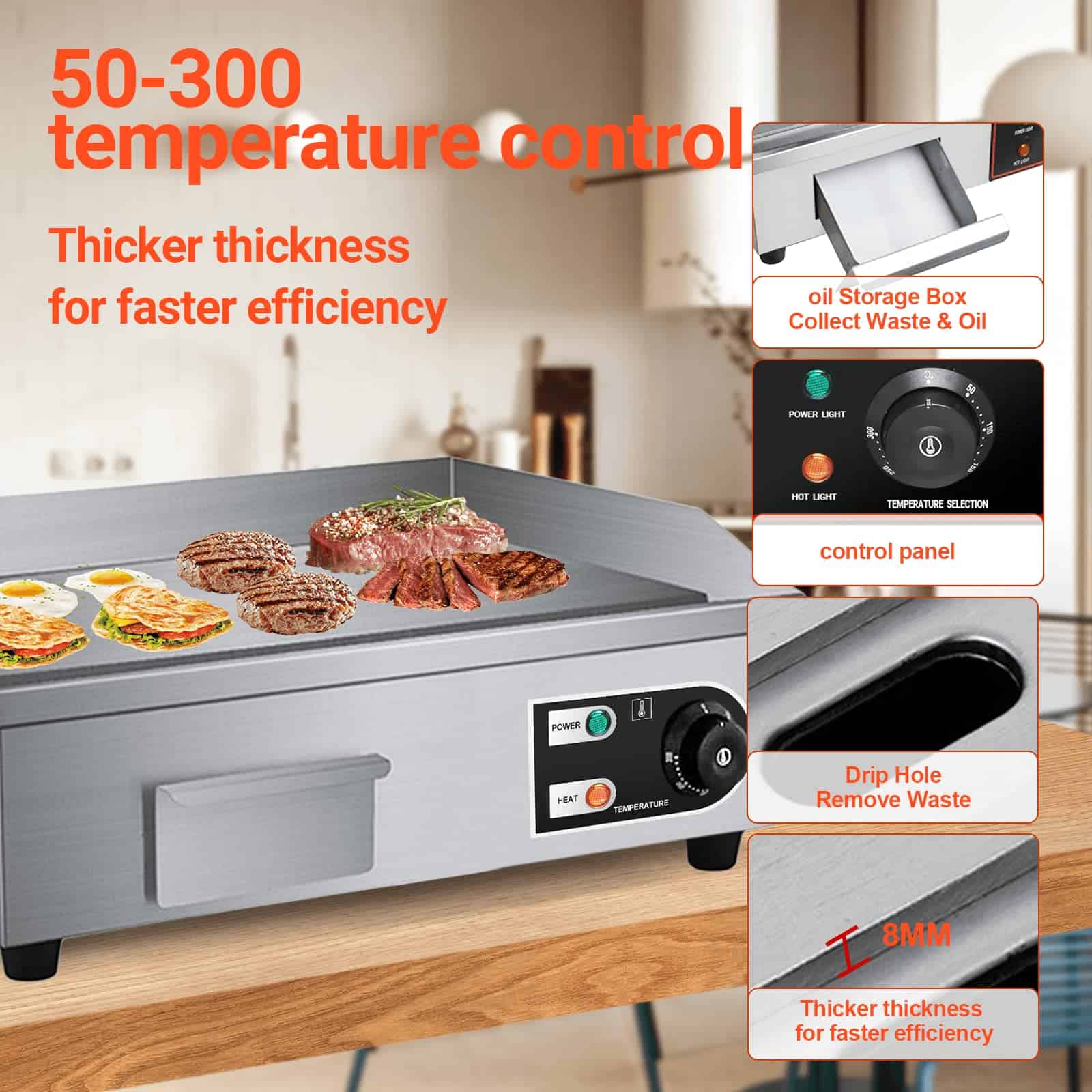 PROMOTOR 22" Electric Countertop Flat Top Griddle 1600W 110V Non-Stick Commercial Restaurant Teppanyaki Grill Stainless Steel