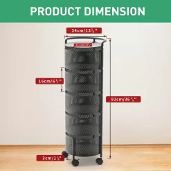 JAQ Rotating Fruit Basket, 5-Tier Metal Sturdy Kitchen Storage Rack Shelf Carts No Assembly on Rolling Wheels (5-Tier, Black)