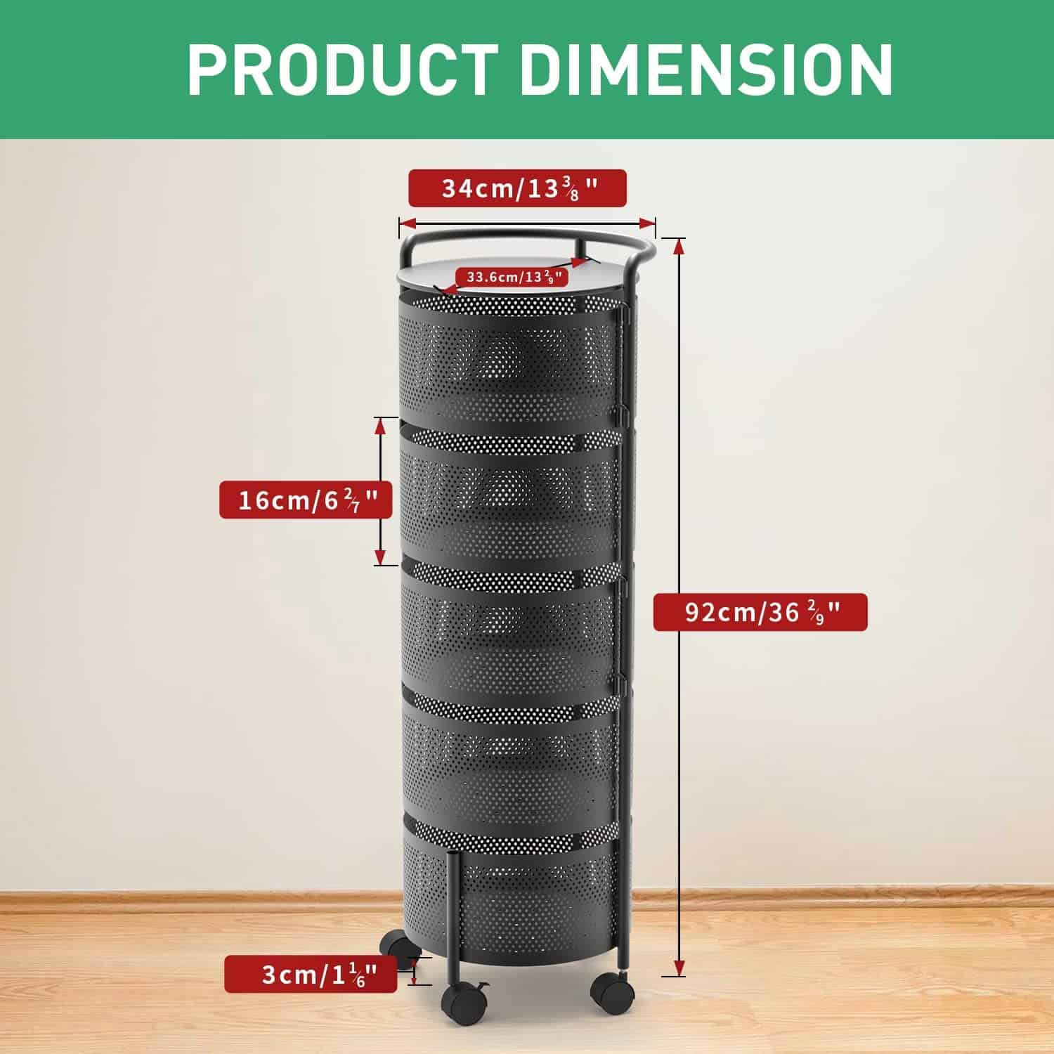 JAQ Rotating Fruit Basket, 5-Tier Metal Sturdy Kitchen Storage Rack Shelf Carts No Assembly on Rolling Wheels (5-Tier, Black)
