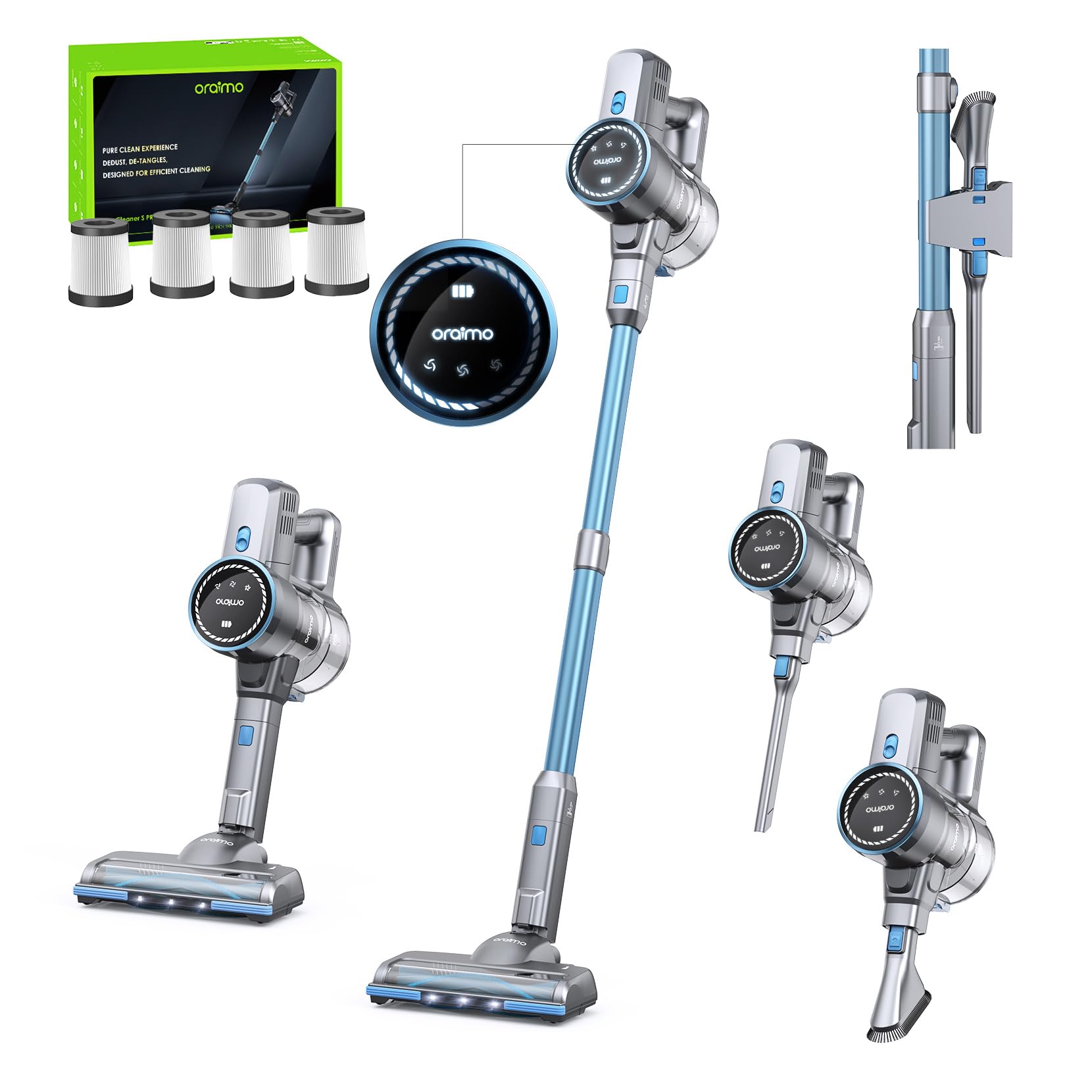 Oraimo Cordless Vacuum, 24KPA Vacuum Cleaner with 270W Brushless Motor, Stick Vacuum with Anti-entangle Floor Brush, 4 HEPA