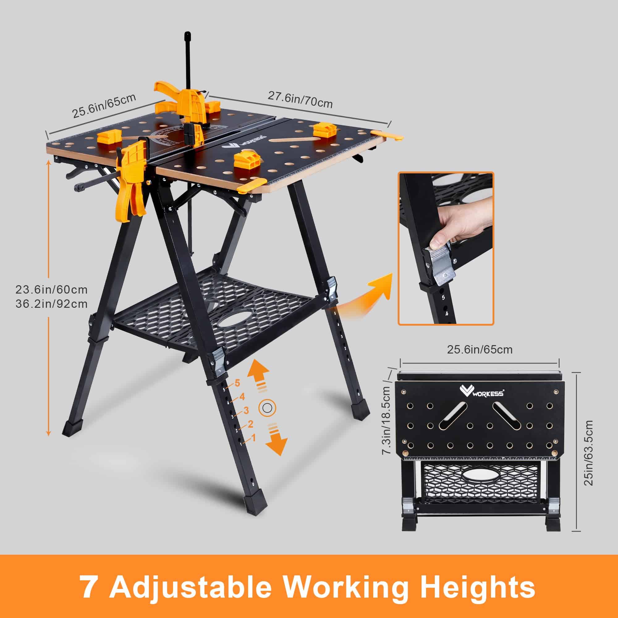 WORKESS Portable Workbench & Sawhorse, 1000Lbs Capacity Heavy Duty Folding Work Table, 23.6"-36" Adjustable Height