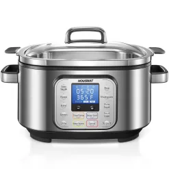 HOUSNAT 10 in 1 Programmable Cooker, 6Qt Stainless Steel, Rice Cooker, Yogurt Maker, Delay Start, Steaming Rack and Glass Lid