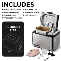 Neretva Bread Maker Machine, 15-in-1 3.3LB Automatic Breadmaker with Dual Kneading Paddles Digital