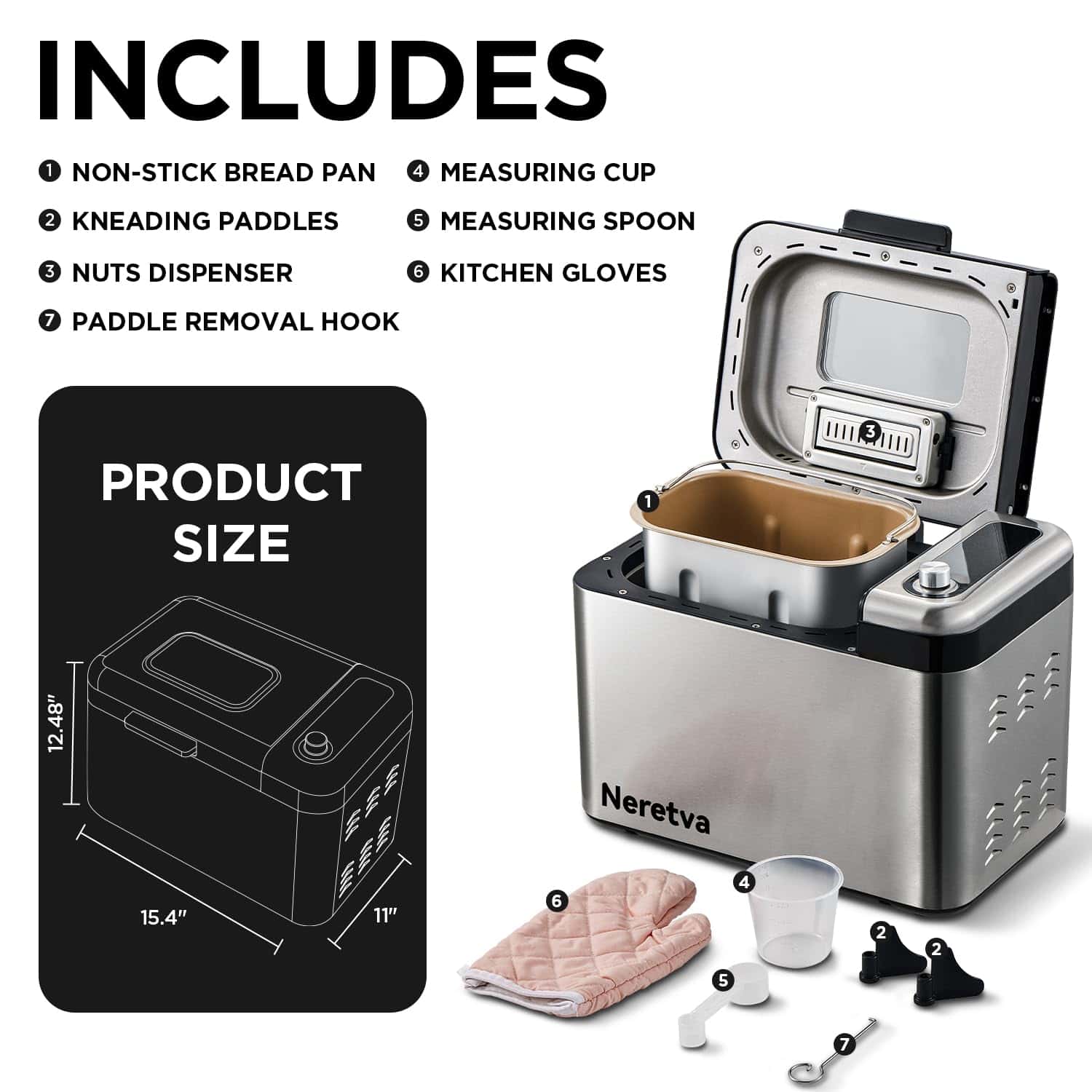Neretva Bread Maker Machine, 15-in-1 3.3LB Automatic Breadmaker with Dual Kneading Paddles Digital