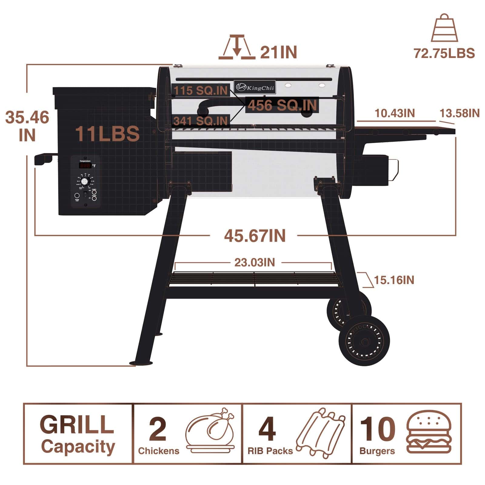 KingChii 456 SQ.IN Pellet Grill Smoker with Side Shelf, 8 IN 1 BBQ Grill with PID Temperature Control, Brown