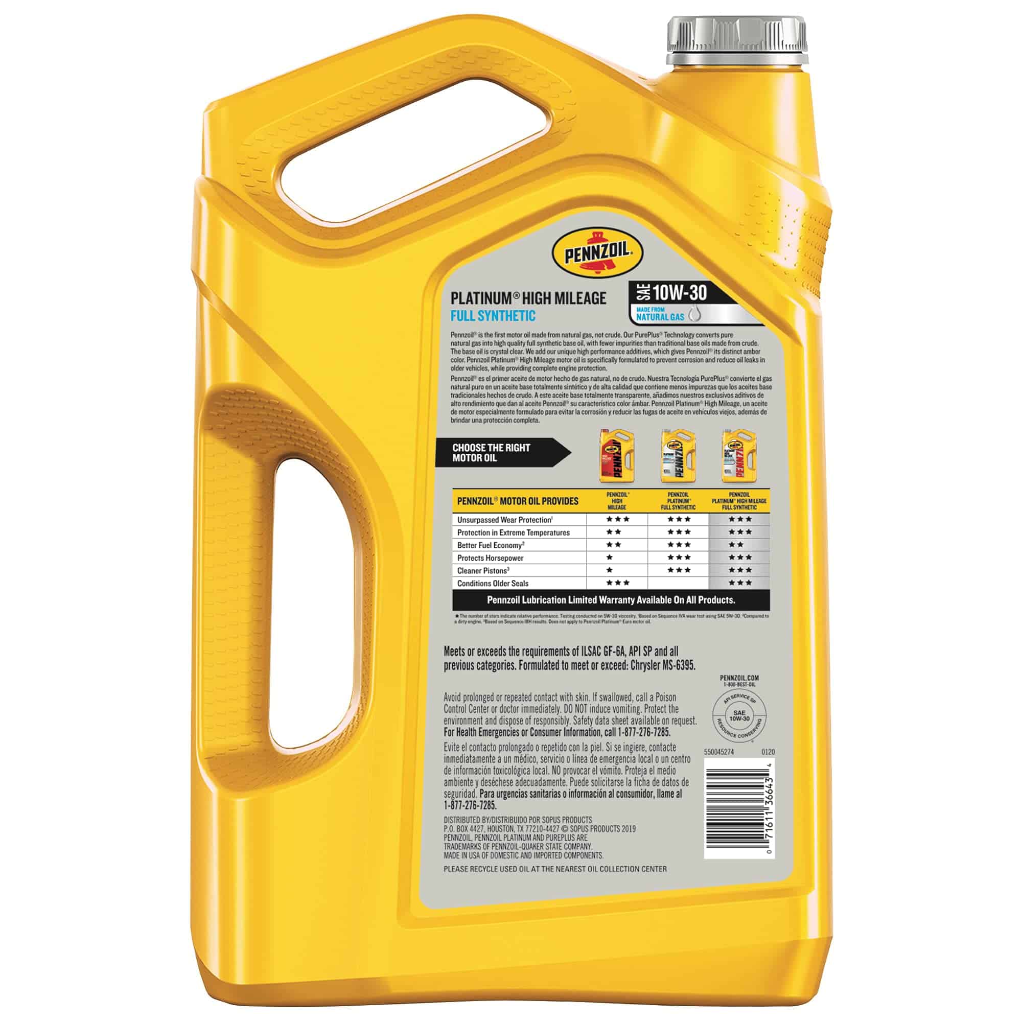 Pennzoil Platinum High Mileage Full Synthetic 10W-30 Motor Oil for Vehicles Over 75K Miles (5-Quart, Case of 3)