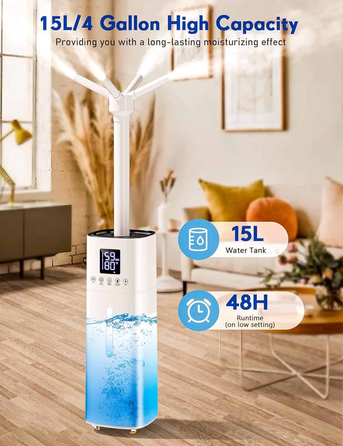 Honovos Humidifiers for Bedroom, 15L Wholehouse Humidifier for 2000 sq. ft, 600ml/h Cool Mist Humidifier