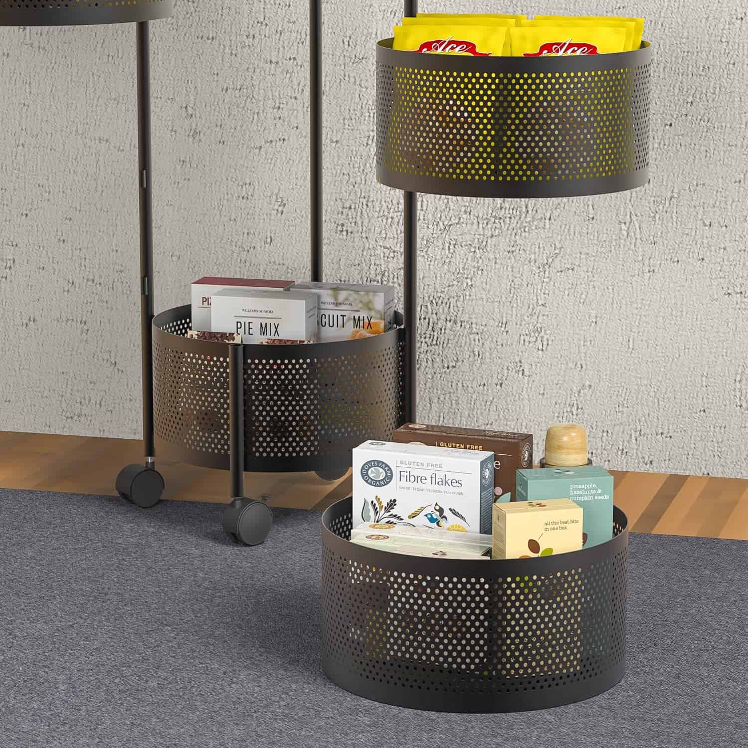JAQ Rotating Fruit Basket, 5-Tier Metal Sturdy Kitchen Storage Rack Shelf Carts No Assembly on Rolling Wheels (5-Tier, Black)
