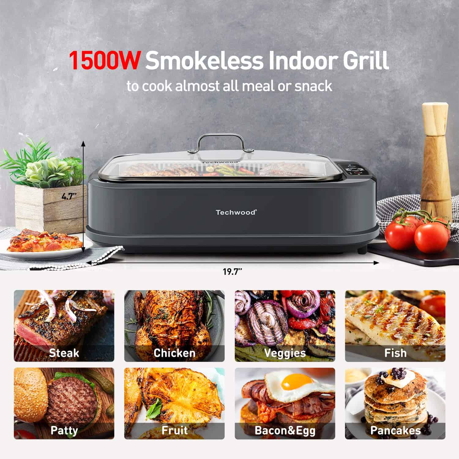 Techwood Indoor Smokeless Grill, 1500W Electric BBQ Grill with Temperature Control