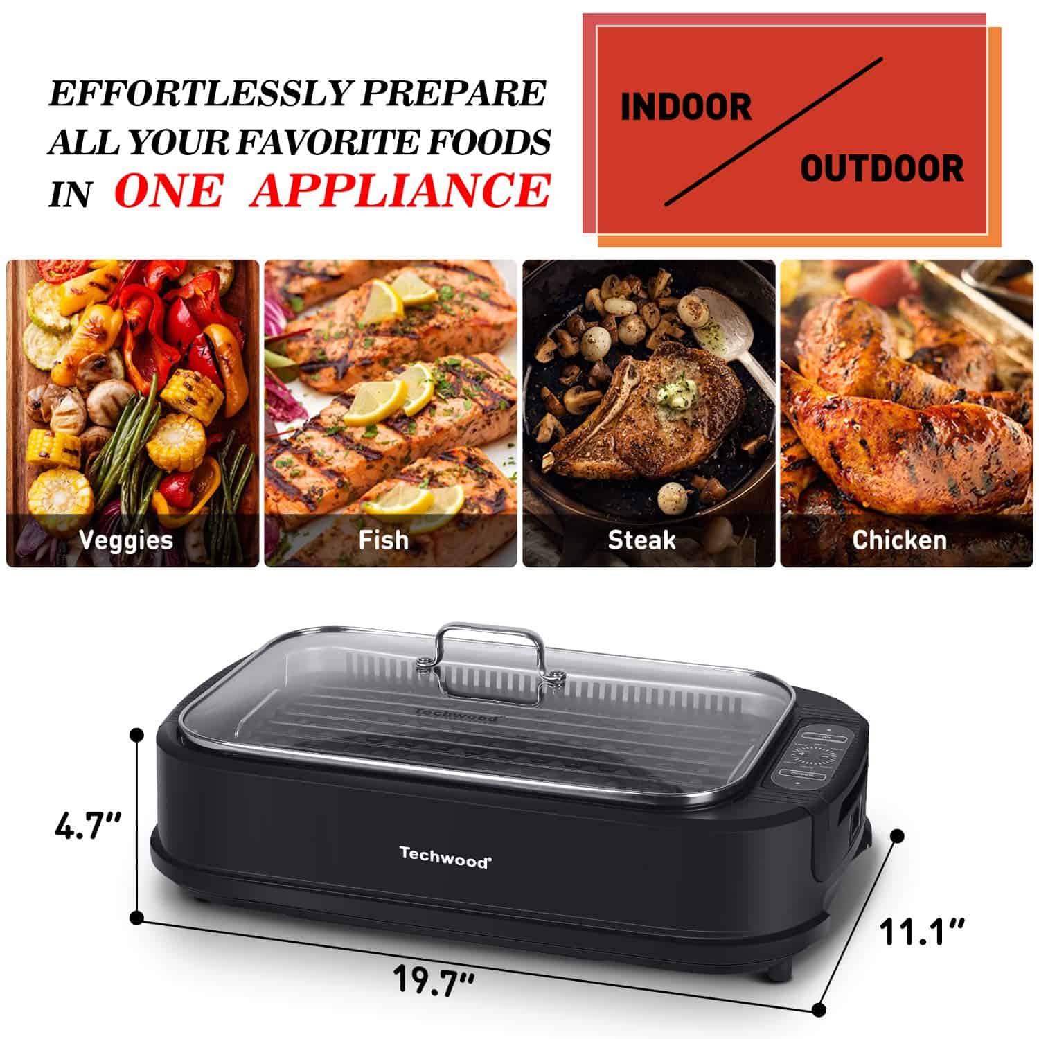 Techwood 1500W Electric Indoor Grill with Tempered Glass Lid, Portable Non-stick BBQ Korean Grill, Black