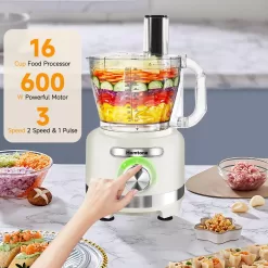 Homtone 16 Cup Food Processor, French-Fry-Cutter Food Processors, 9 Functions 7 Blades, 3 Speeds, 600W, Beige