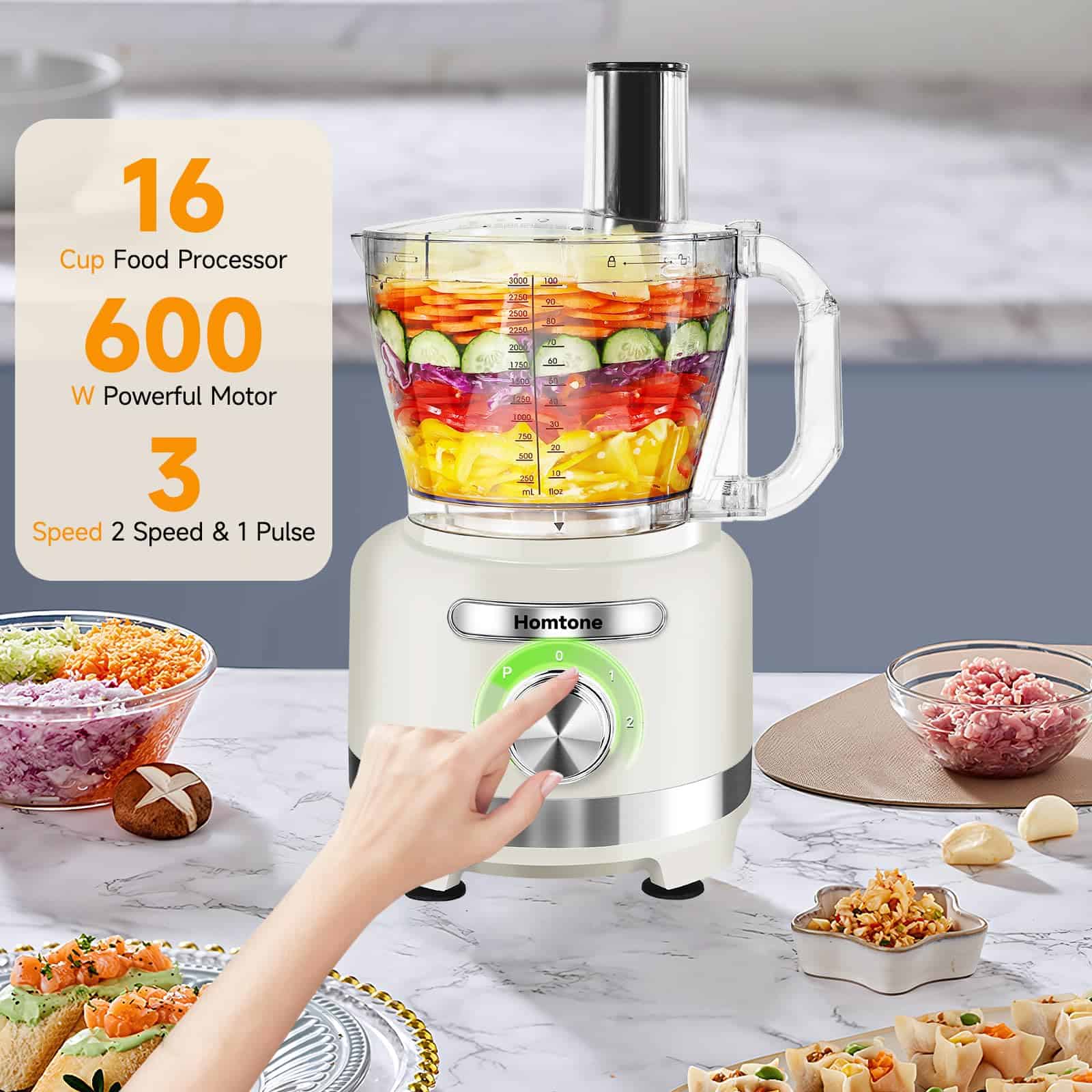 Homtone 16 Cup Food Processor, French-Fry-Cutter Food Processors, 9 Functions 7 Blades, 3 Speeds, 600W, Beige