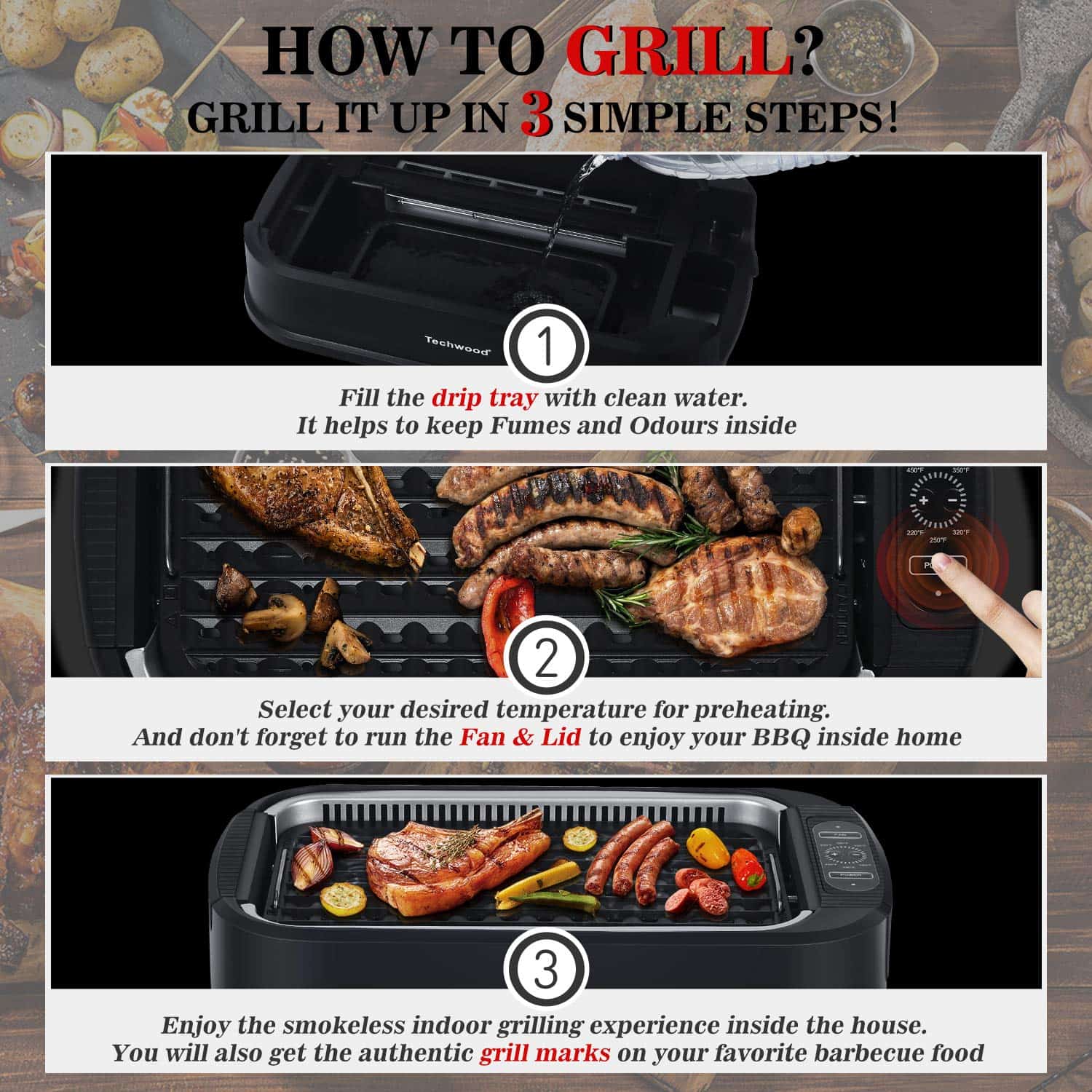Techwood 1500W Electric Indoor Grill with Tempered Glass Lid, Portable Non-stick BBQ Korean Grill, Black