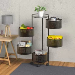 JAQ Rotating Fruit Basket, 5-Tier Metal Sturdy Kitchen Storage Rack Shelf Carts No Assembly on Rolling Wheels (5-Tier, Black)