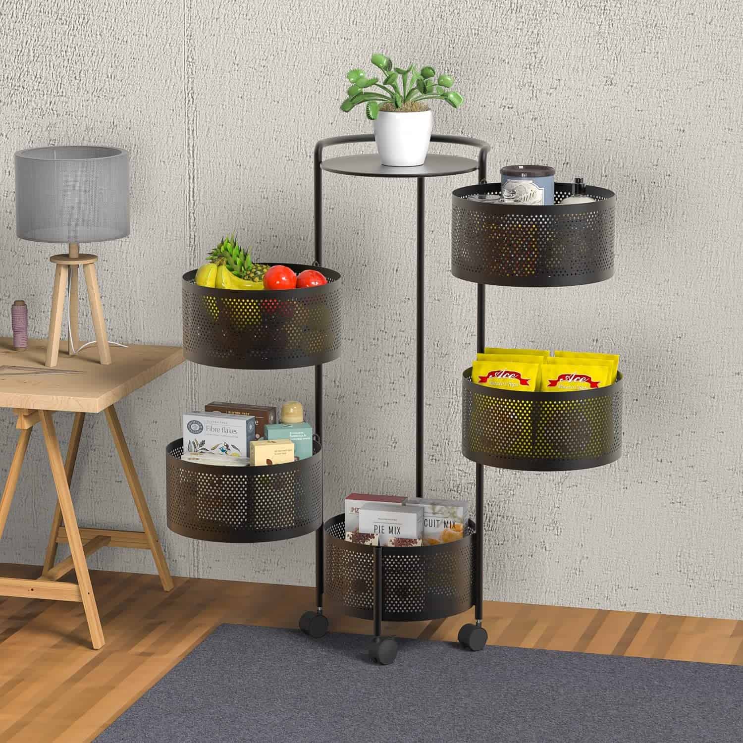 JAQ Rotating Fruit Basket, 5-Tier Metal Sturdy Kitchen Storage Rack Shelf Carts No Assembly on Rolling Wheels (5-Tier, Black)