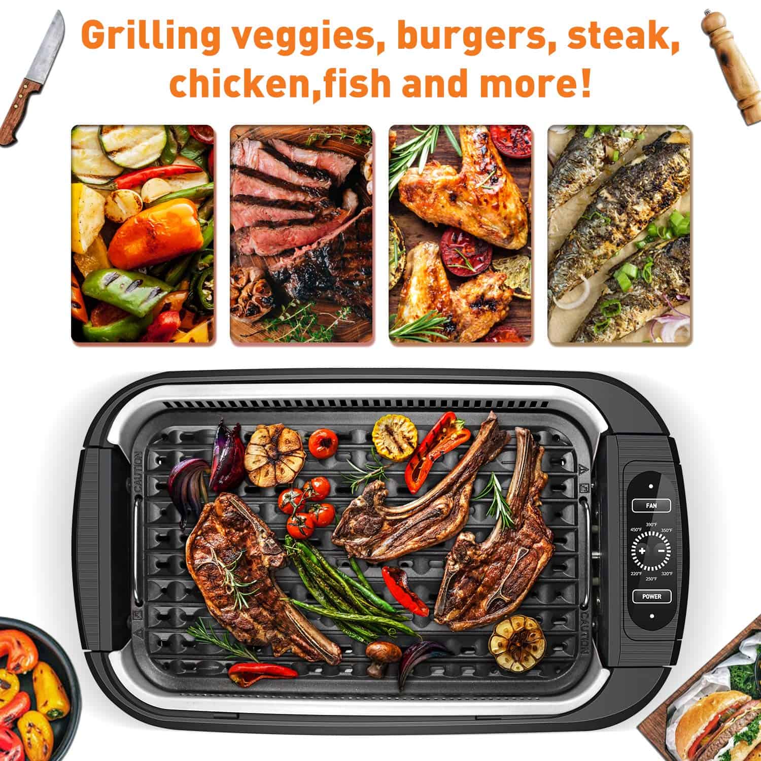 Techwood 1500W Electric Indoor Grill with Tempered Glass Lid, Portable Non-stick BBQ Korean Grill, Black