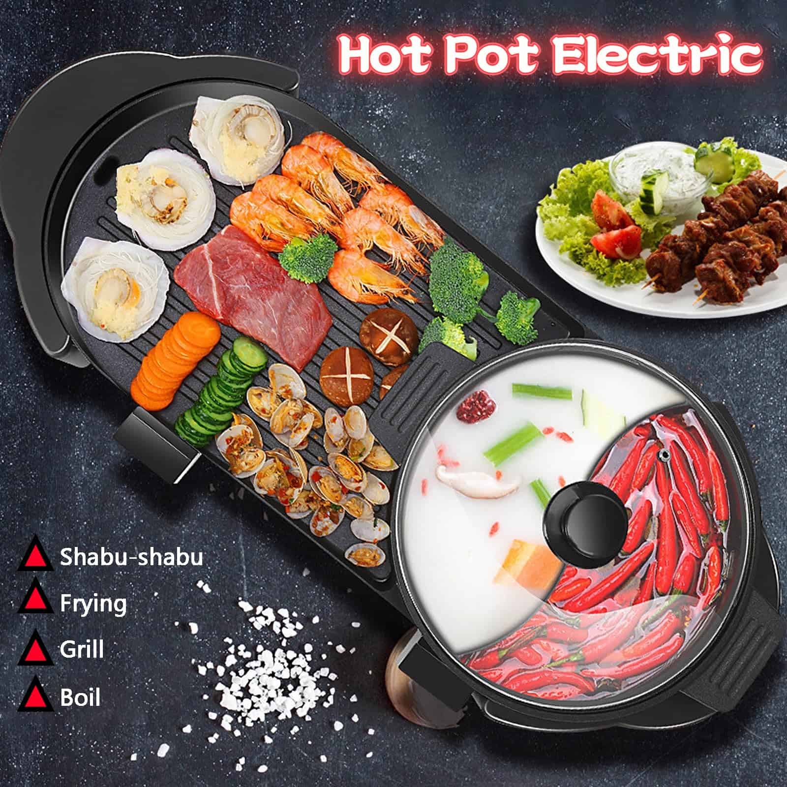GOOTRIMY Hot Pot with Grill, Electric Hot Pot 2 in 1 Shabu Shabu Hot Pot Korean BBQ Grill, Large Capacity Baking Tray