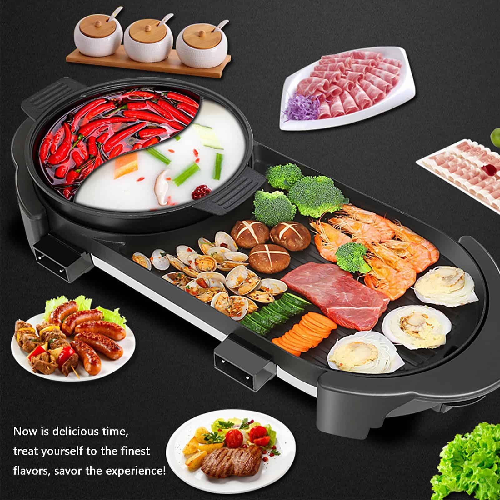GOOTRIMY Hot Pot with Grill, Electric Hot Pot 2 in 1 Shabu Shabu Hot Pot Korean BBQ Grill, Large Capacity Baking Tray