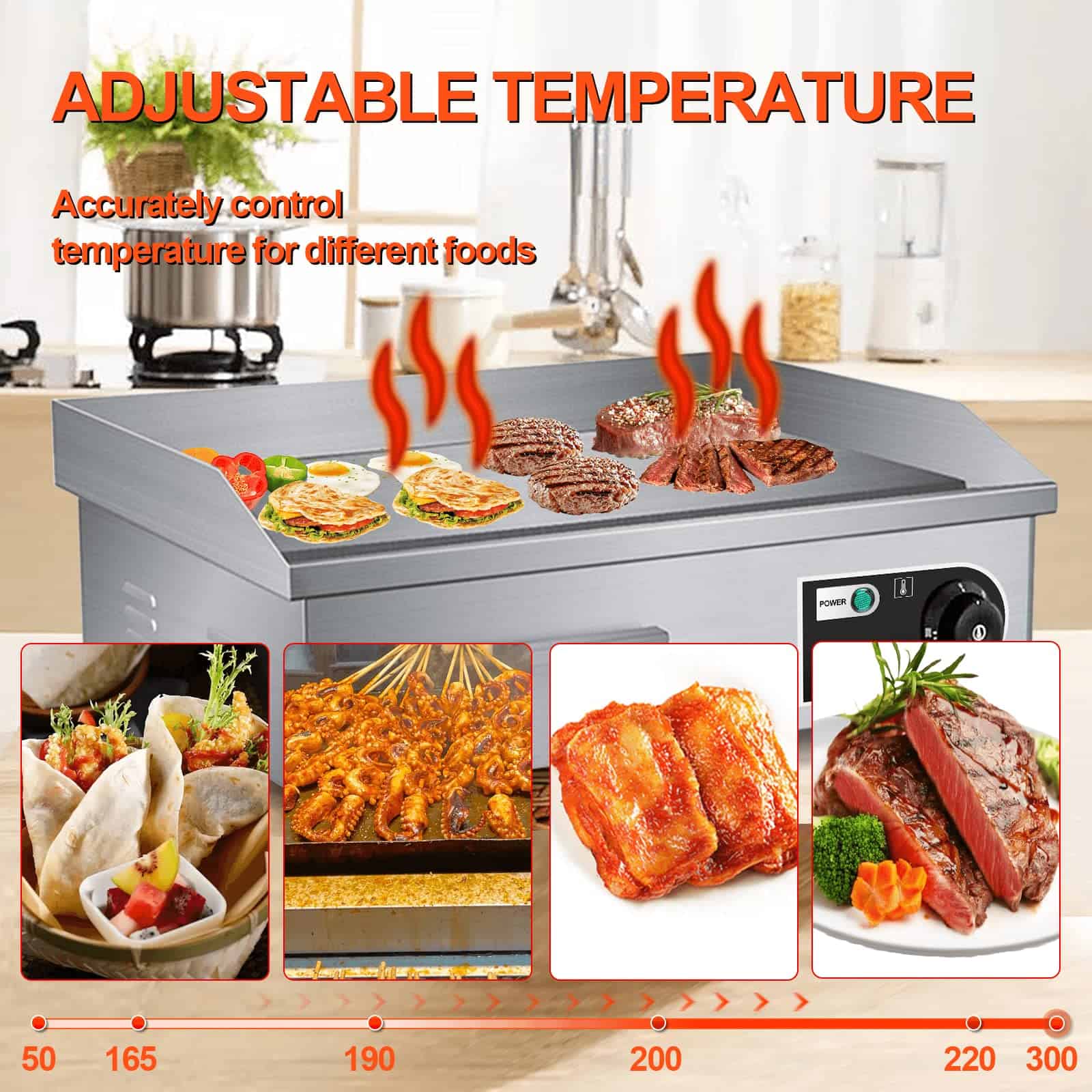 PROMOTOR 22" Electric Countertop Flat Top Griddle 1600W 110V Non-Stick Commercial Restaurant Teppanyaki Grill Stainless Steel