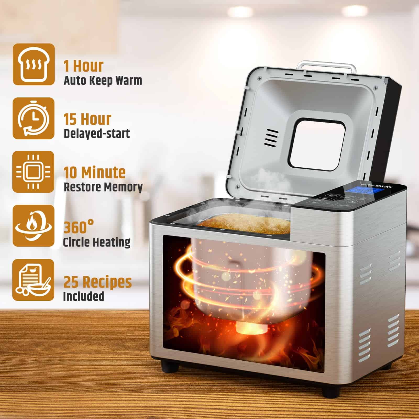 Razorri Bread Maker Machine Stainless Steel UL Certified, Nonstick Bread Pan, 3 Crust Colors and 3 Loaf Sizes